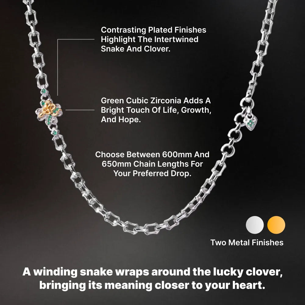 Lucky Clover Snake Necklace product view in silver-tone finish