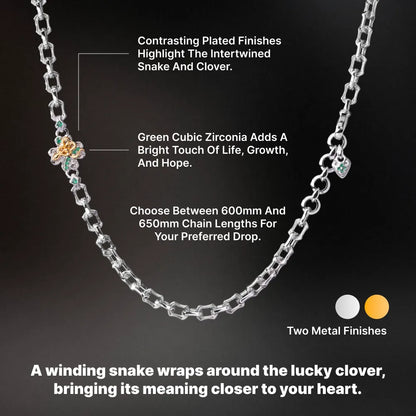 Lucky Clover Snake Necklace product view in silver-tone finish