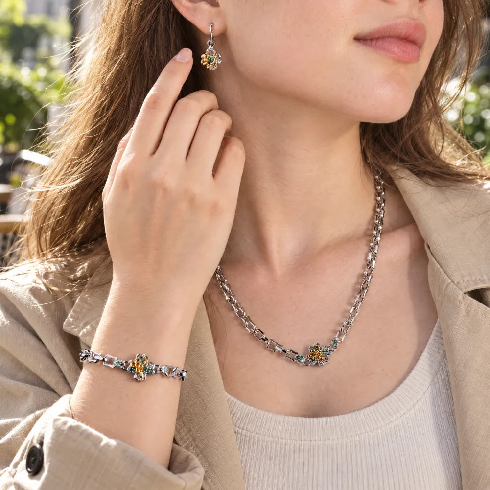 Lucky Clover Snake Necklace product view in silver-tone finish