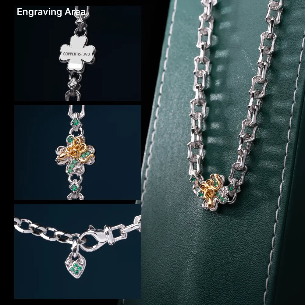 Lucky Clover Snake Necklace product view in silver-tone finish