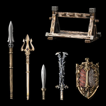 Magnetic figure weapon pack with swords, spears, shield and training rack