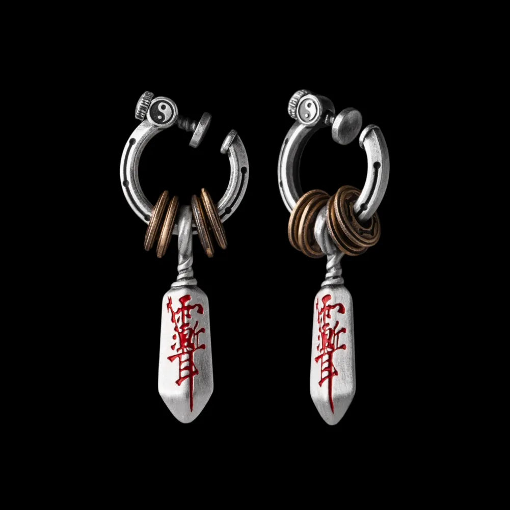 Masterblade talisman clip-on earrings in Ox.Silver and Brass and Cinnabar / Pair