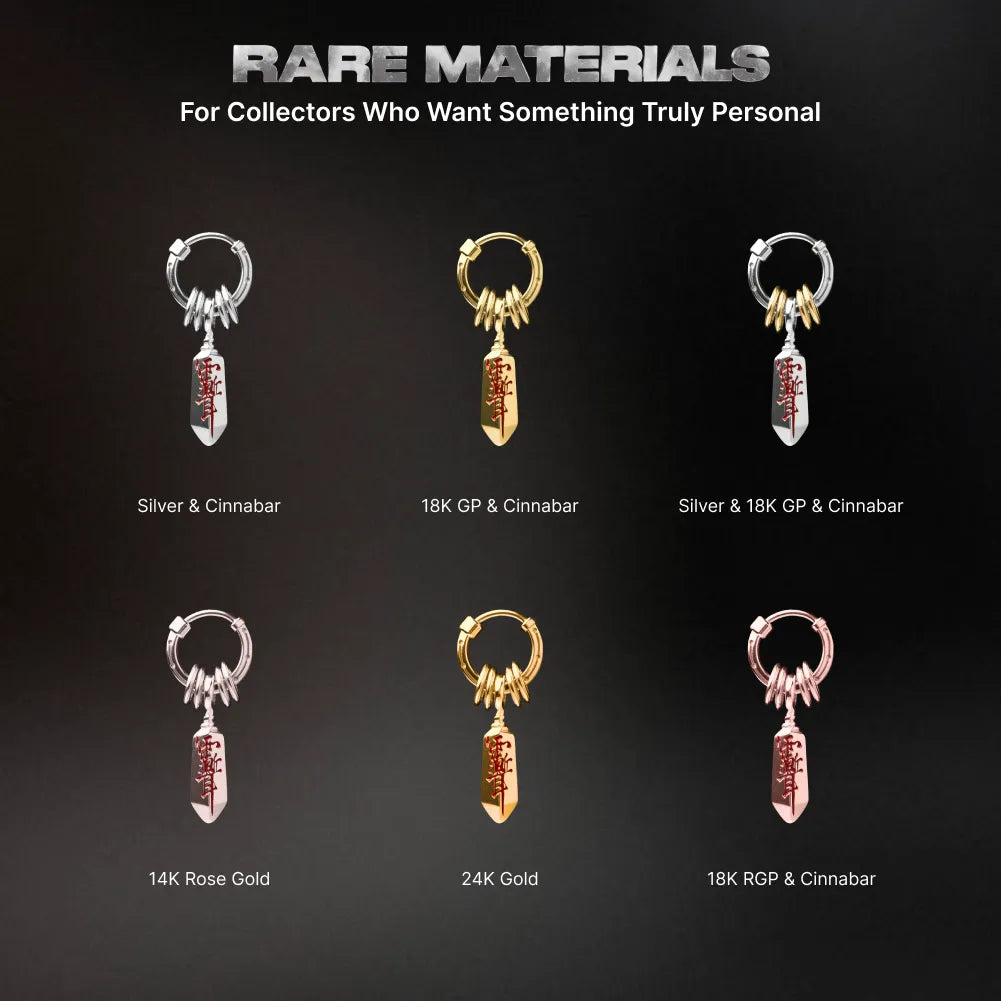 Masterblade talisman earrings in multiple material and color options
