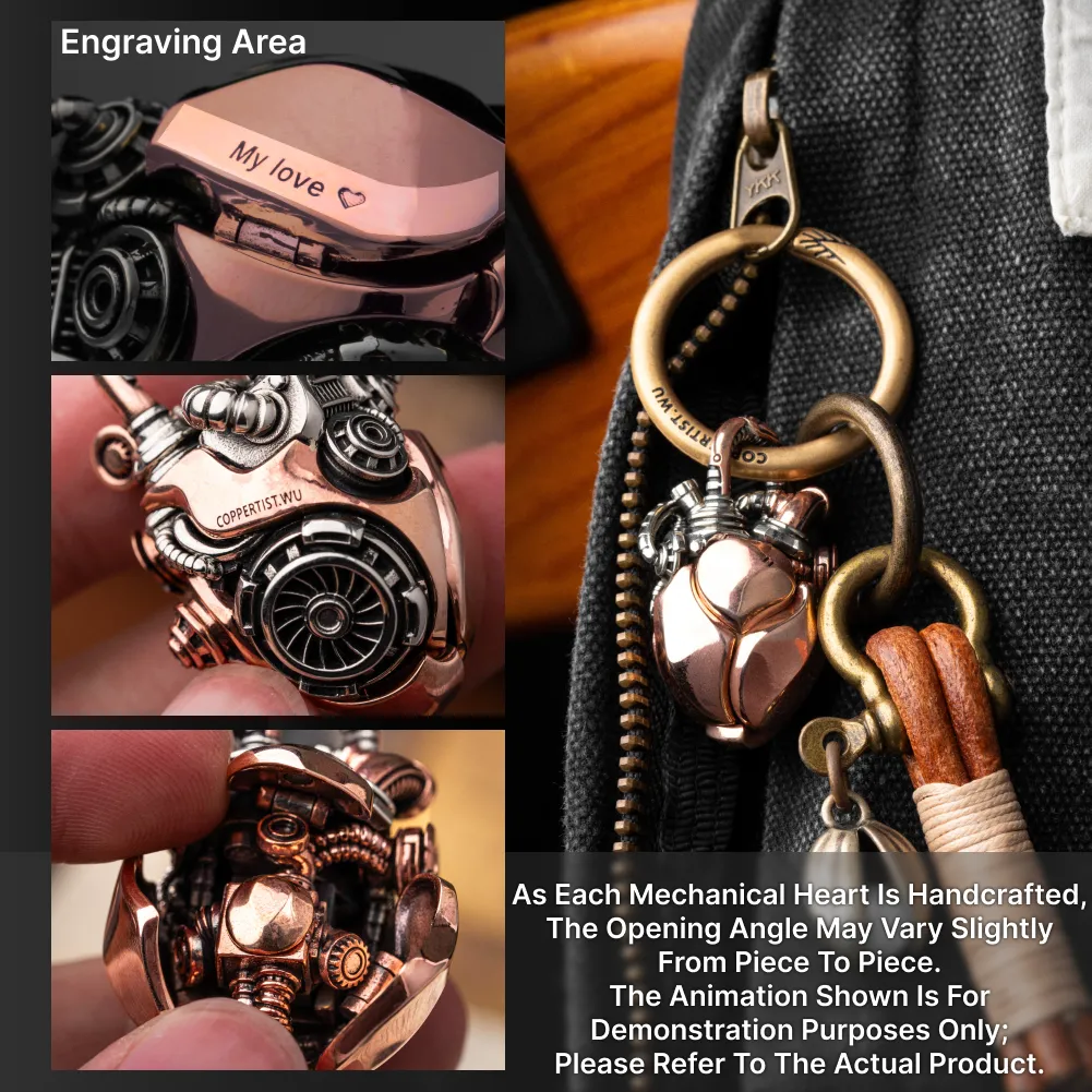 Copper & White Bronze Mechanical Heart Pendant feature overview and kinetic heart mechanism