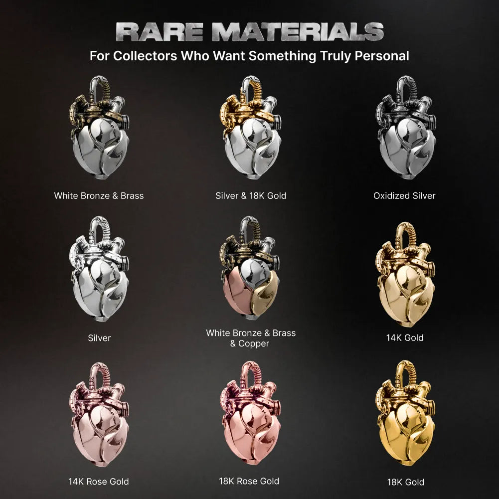 Copper & White Bronze Mechanical Heart Pendant material and precious metal options