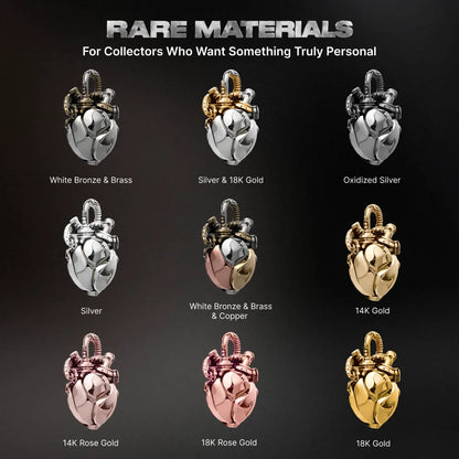 Copper & White Bronze Mechanical Heart Pendant material and precious metal options