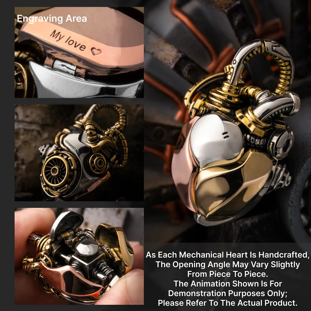 White Bronze & Brass & Copper Mechanical Heart Pendant feature overview and kinetic heart mechanism