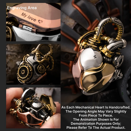 White Bronze & Brass & Copper Mechanical Heart Pendant feature overview and kinetic heart mechanism