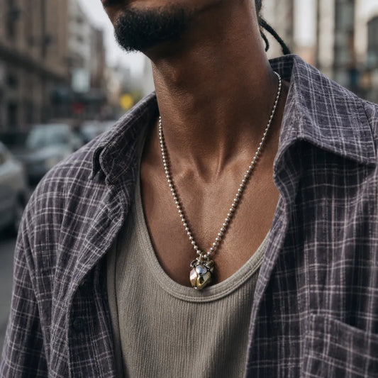 White Bronze & Brass & Copper Mechanical Heart Pendant worn as a statement necklace in a lifestyle portrait
