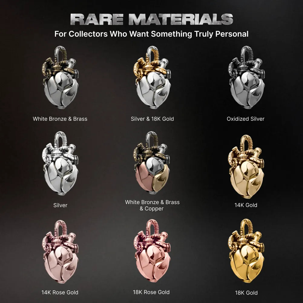 White Bronze & Brass & Copper Mechanical Heart Pendant material and precious metal options