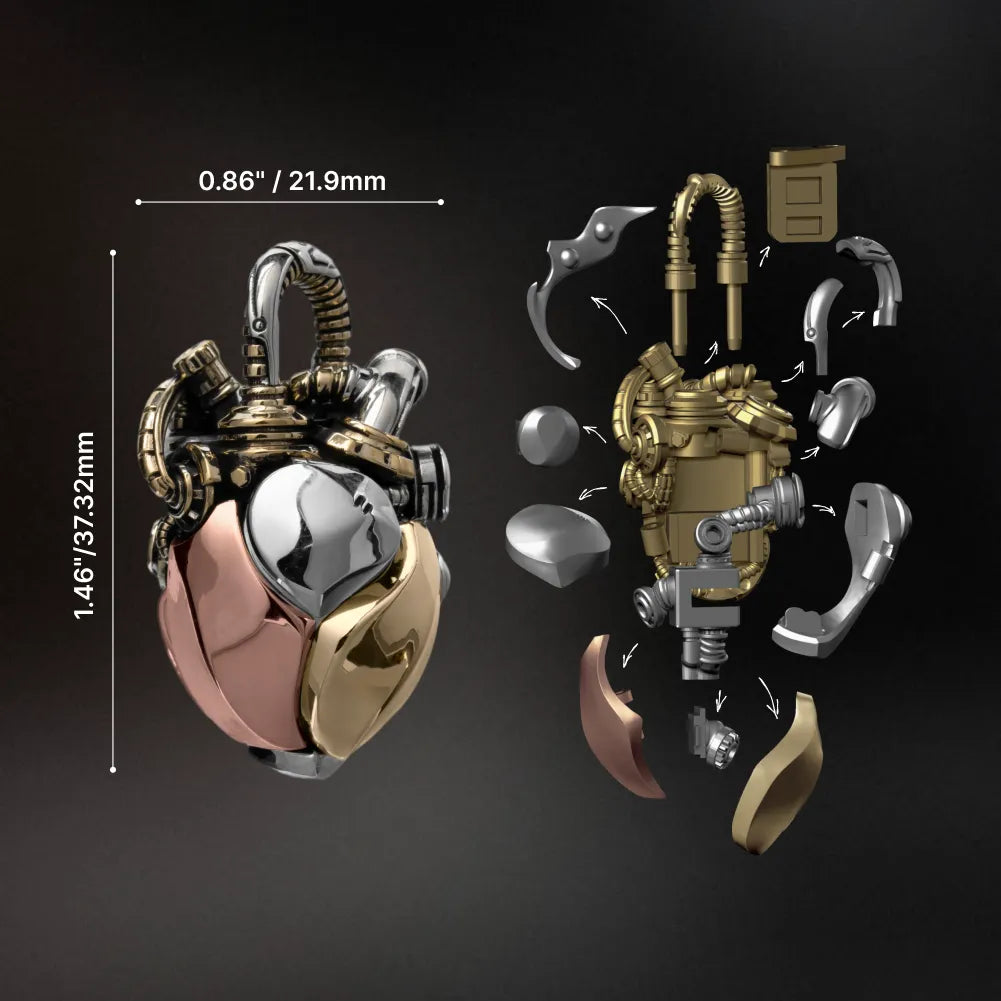 White Bronze & Brass & Copper Mechanical Heart Pendant anatomy and mechanical movement guide