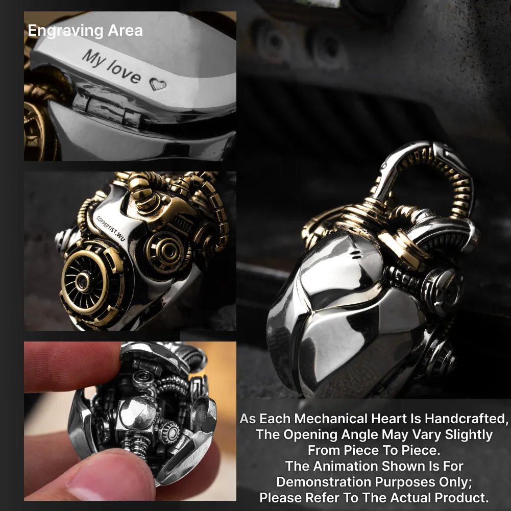 White Bronze & Brass Mechanical Heart Pendant feature overview and kinetic heart mechanism
