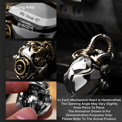 White Bronze & Brass Mechanical Heart Pendant feature overview and kinetic heart mechanism