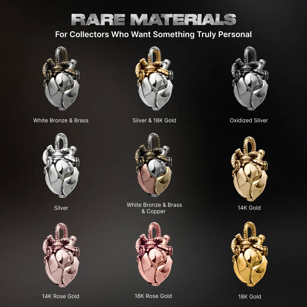 White Bronze & Brass Mechanical Heart Pendant material and precious metal options