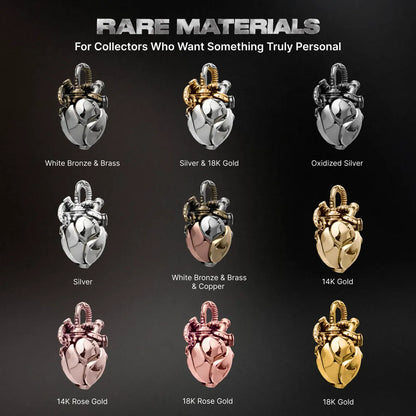 White Bronze & Brass Mechanical Heart Pendant material and precious metal options