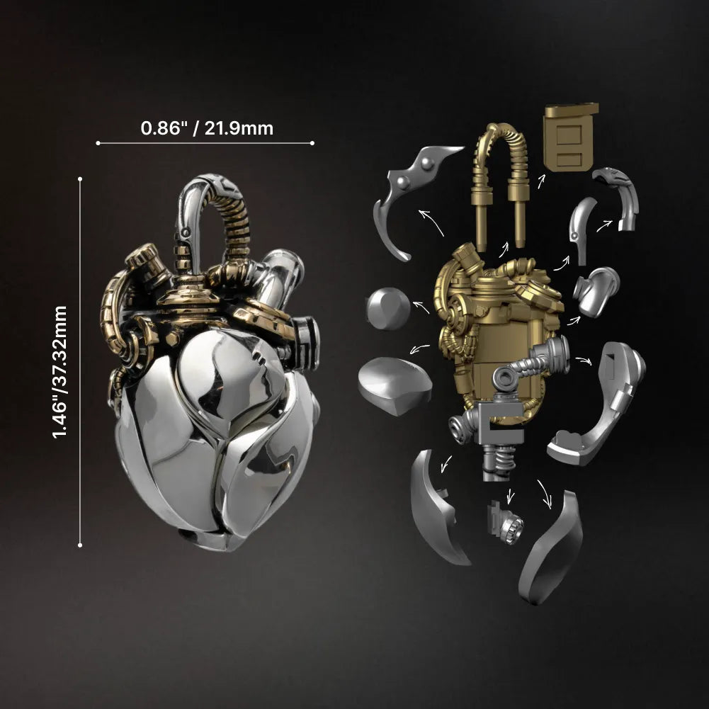 White Bronze & Brass Mechanical Heart Pendant anatomy and mechanical movement guide