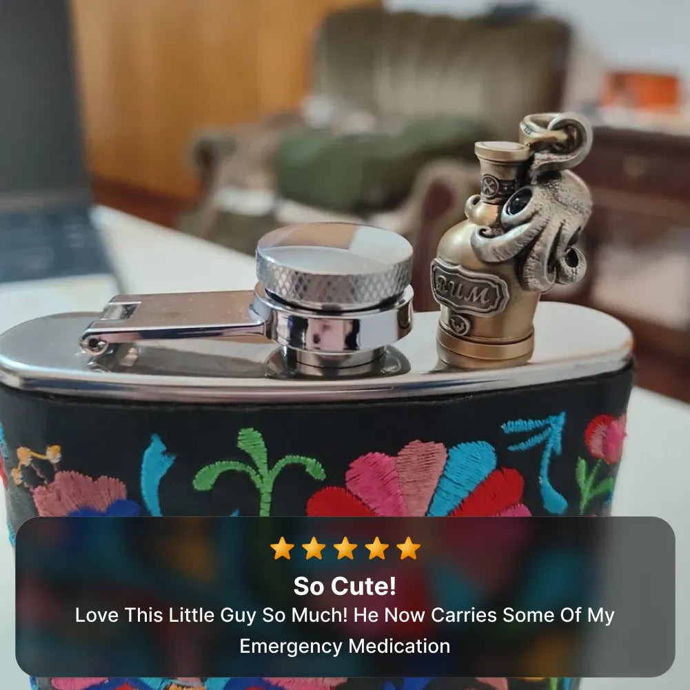 Octopus capsule pendant displayed with a customer lifestyle testimonial