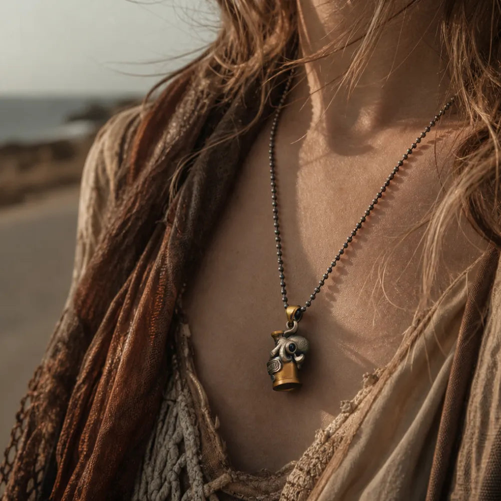 Woman wearing an Octopus capsule pendant necklace