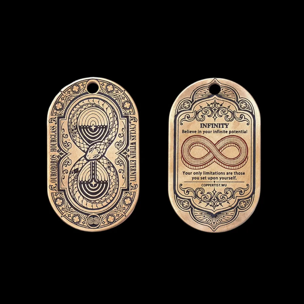 Two-sided Ouroboros Hourglass Tag in brass with cinnabar inlay