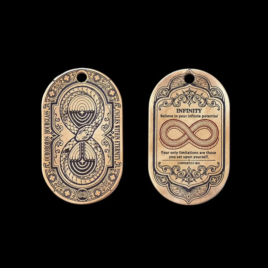 Two-sided Ouroboros Hourglass Tag in brass with cinnabar inlay