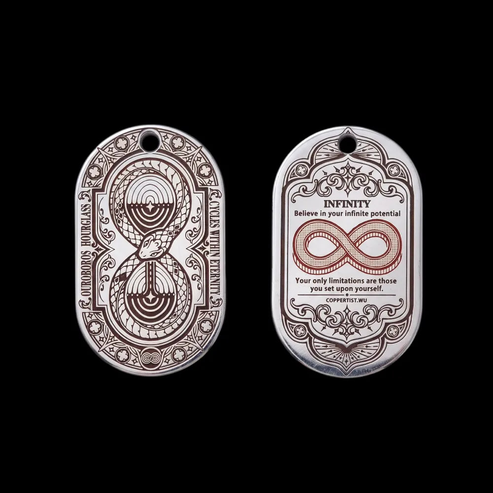 Two-sided Ouroboros Hourglass Tag in silver-tone finish