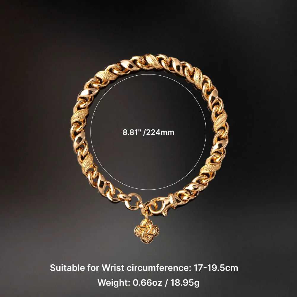 Gold-tone Ouroboros Infinity Bracelet size guide showing 224 mm length and recommended wrist circumference of 17 to 19.5 cm