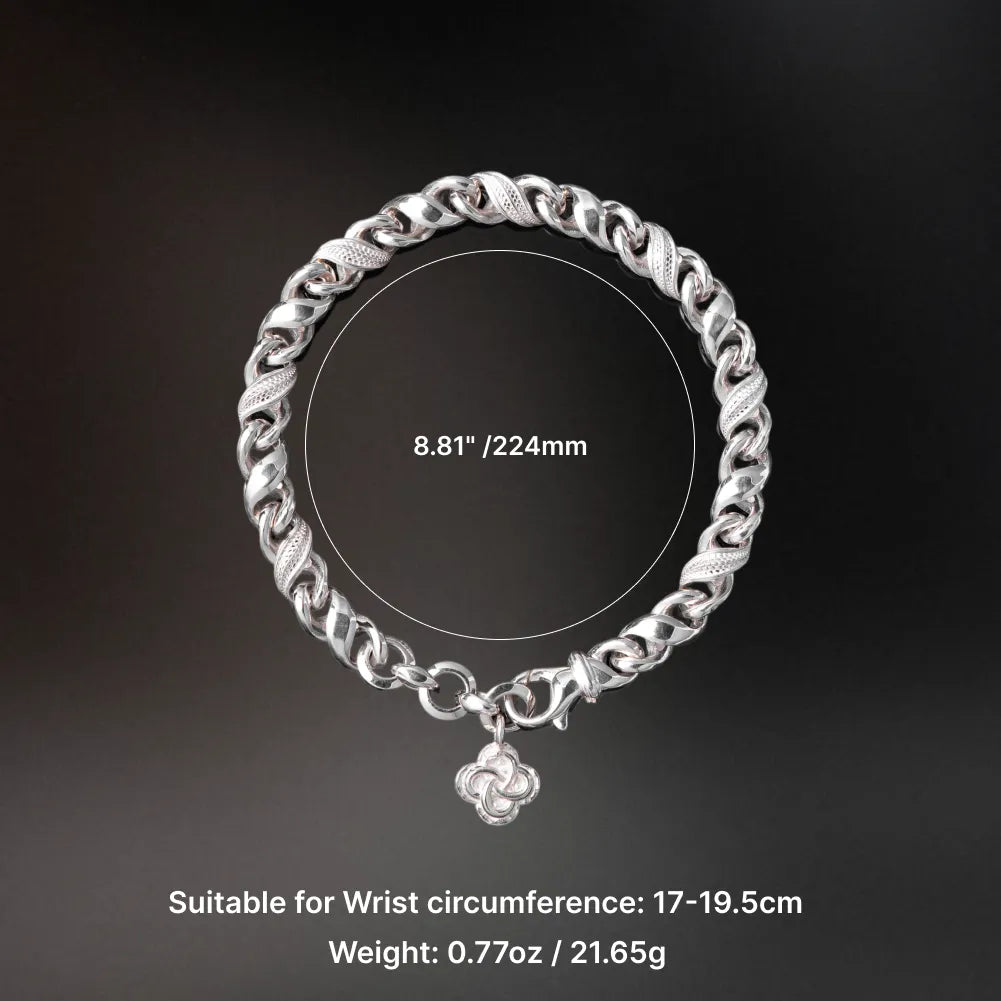 Silver Ouroboros Infinity Bracelet size guide showing 224 mm length and recommended wrist circumference of 17 to 19.5 cm