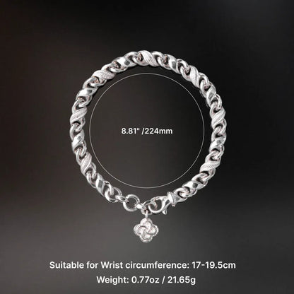 Silver Ouroboros Infinity Bracelet size guide showing 224 mm length and recommended wrist circumference of 17 to 19.5 cm