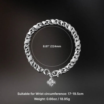 Silver-tone Ouroboros Infinity Bracelet size guide showing 224 mm length and recommended wrist circumference of 17 to 19.5 cm