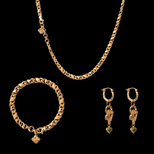 Ouroboros Infinity Necklace in gold-tone finish with matching bracelet and one pair of earrings