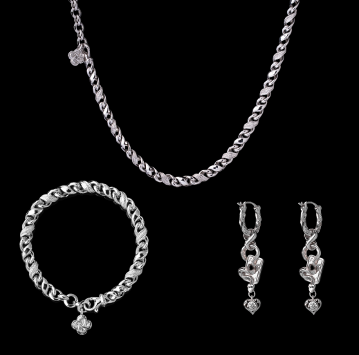 Ouroboros Infinity Necklace in silver-tone finish with matching bracelet and one pair of earrings
