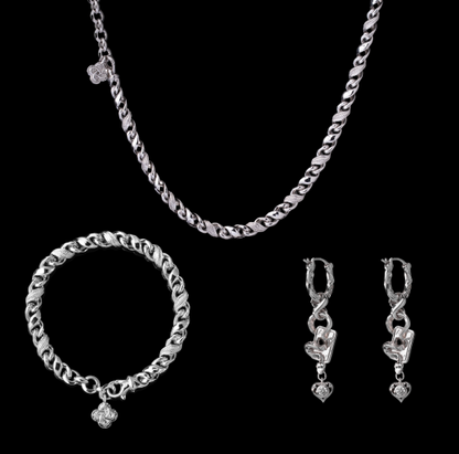 Ouroboros Infinity Necklace in silver-tone finish with matching bracelet and one pair of earrings