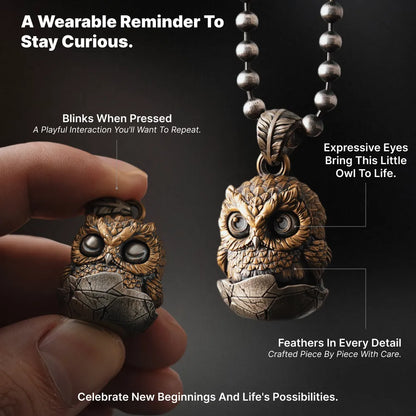 Owl fidget pendant with press activated blinking eyes and feather details