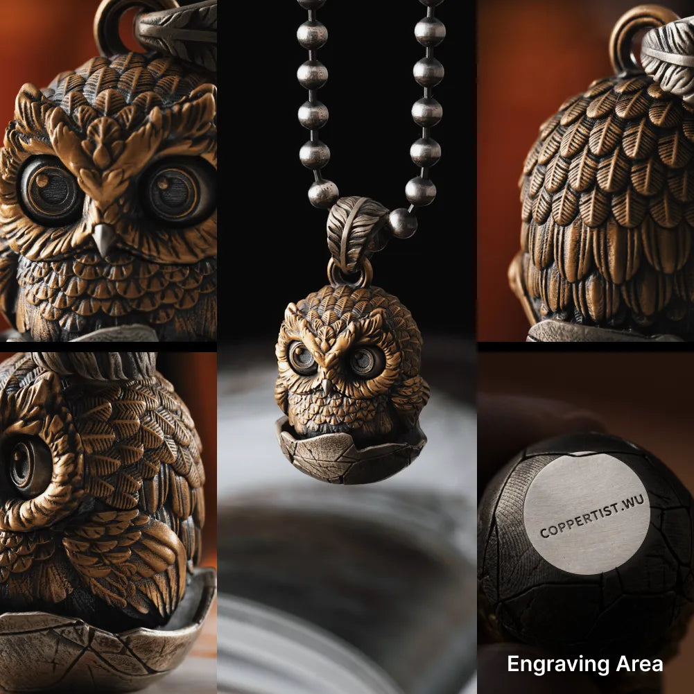 Owl fidget pendant front back wing and engraving details