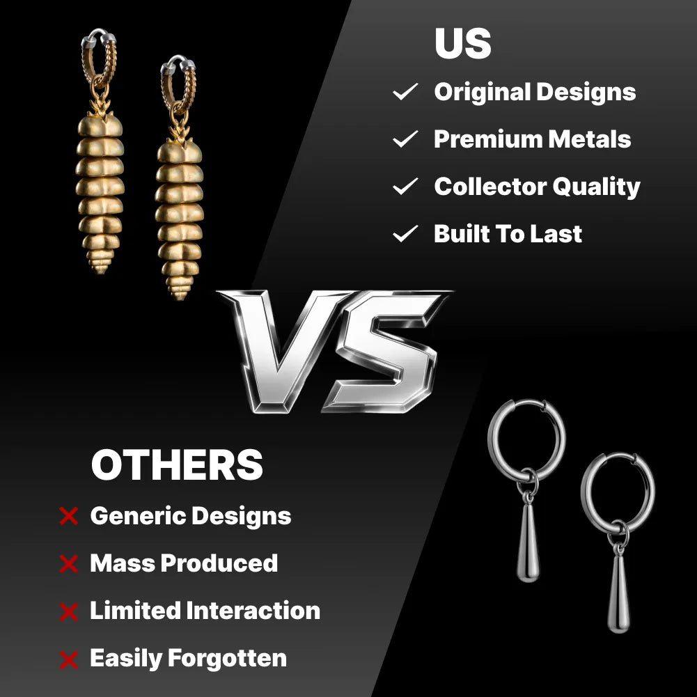 Original Rattlesnake Tail earrings compared with generic alternatives