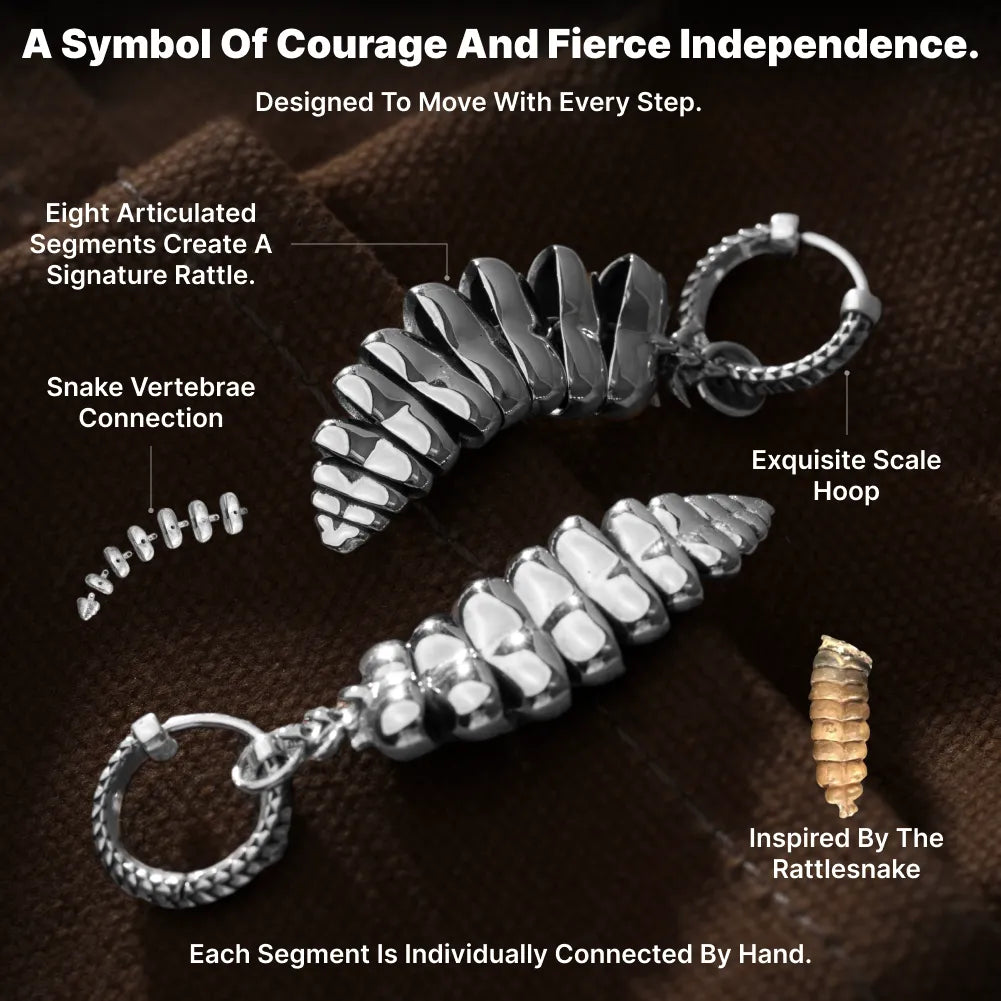 Rattlesnake Tail Earrings in White Bronze with Oxidized Sterling Silver Pins, articulated segments, scale hoop and rattlesnake-tail construction shown in an infographic.