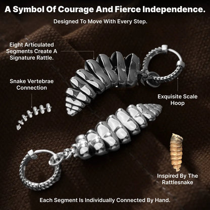 Rattlesnake Tail Earrings in White Bronze with Oxidized Sterling Silver Pins, articulated segments, scale hoop and rattlesnake-tail construction shown in an infographic.