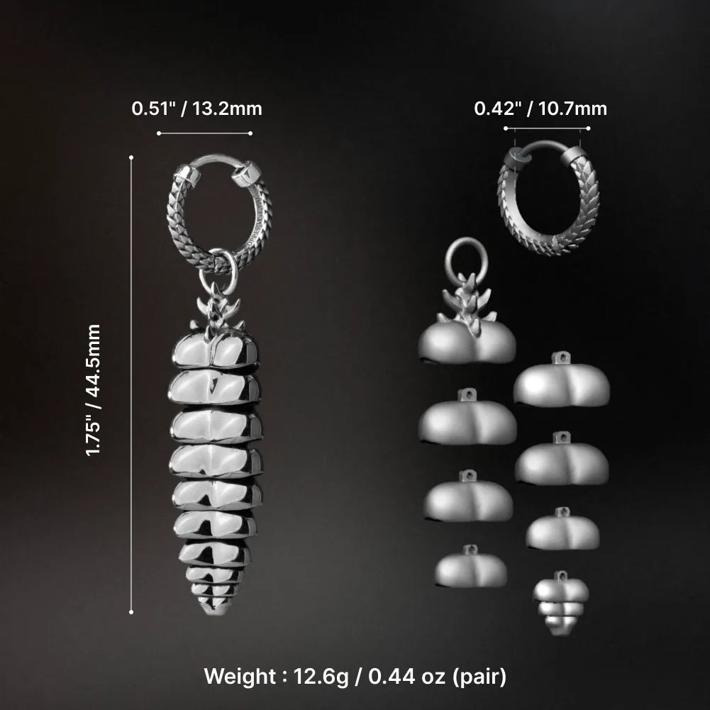 Rattlesnake Tail Earrings in White Bronze with Oxidized Sterling Silver Pins, dimensions and pair weight shown in the parameter image.