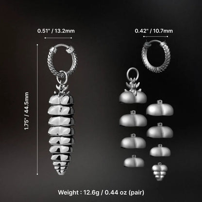 Rattlesnake Tail Earrings in White Bronze with Oxidized Sterling Silver Pins, dimensions and pair weight shown in the parameter image.