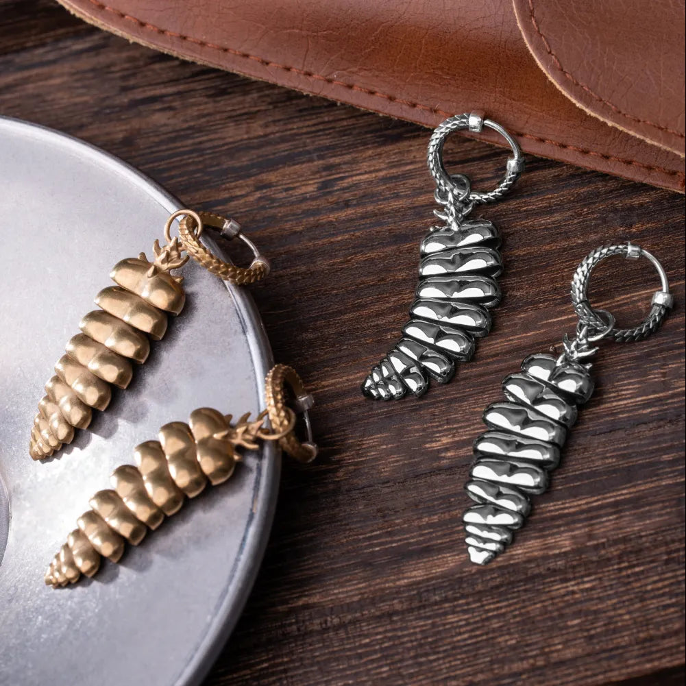 Rattlesnake Tail Earrings in White Bronze with Oxidized Sterling Silver Pins, multiple finish variants arranged in a product display.