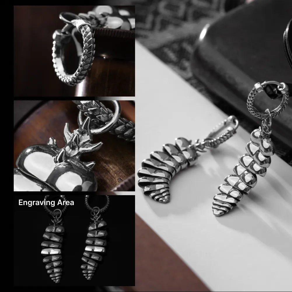Rattlesnake Tail Earrings in White Bronze with Oxidized Sterling Silver Pins, hoop texture, engraving area and articulated tail details shown close up.