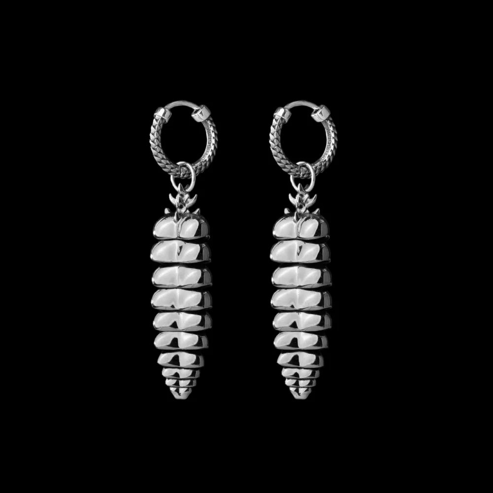 Rattlesnake tail earrings in White Bronze with Oxidized Sterling Silver Pins, Pair black-background variant view