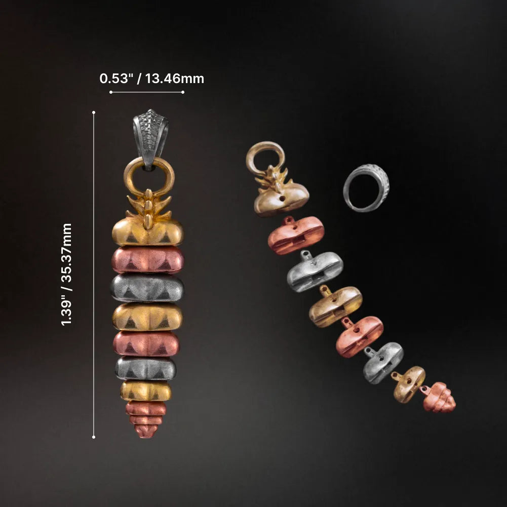 Tricolor rattlesnake tail pendant dimensions and removable components