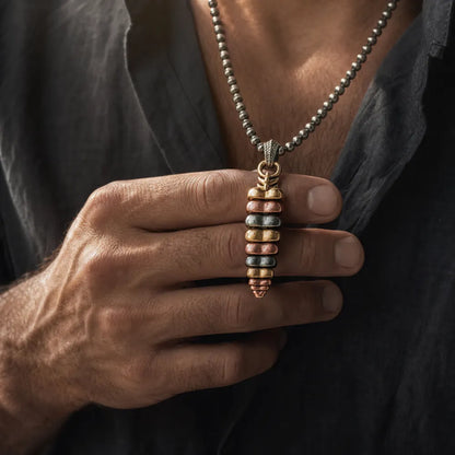 Tricolor rattlesnake tail pendant worn as a mens necklace