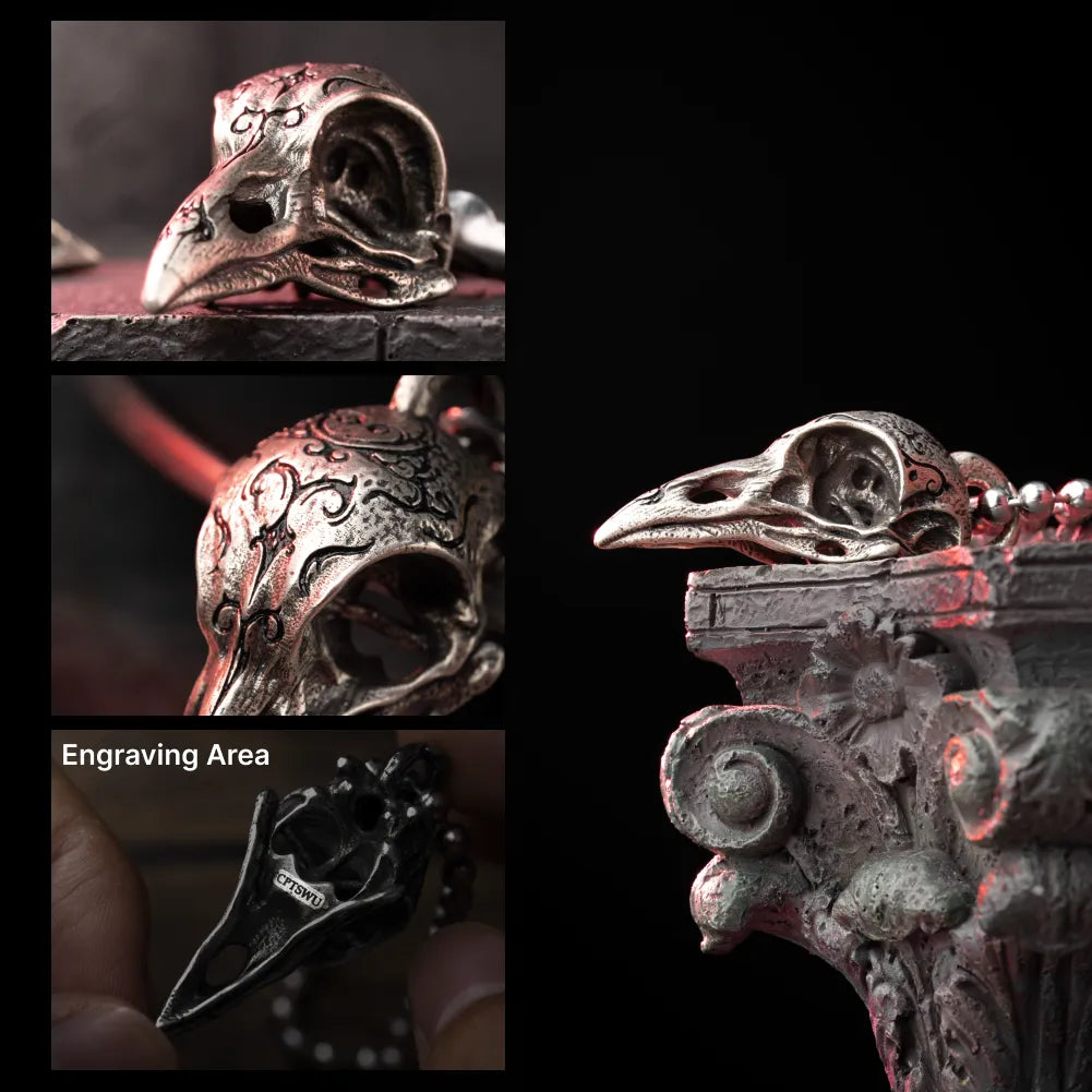 White Bronze Raven Skull Pendant engraving details