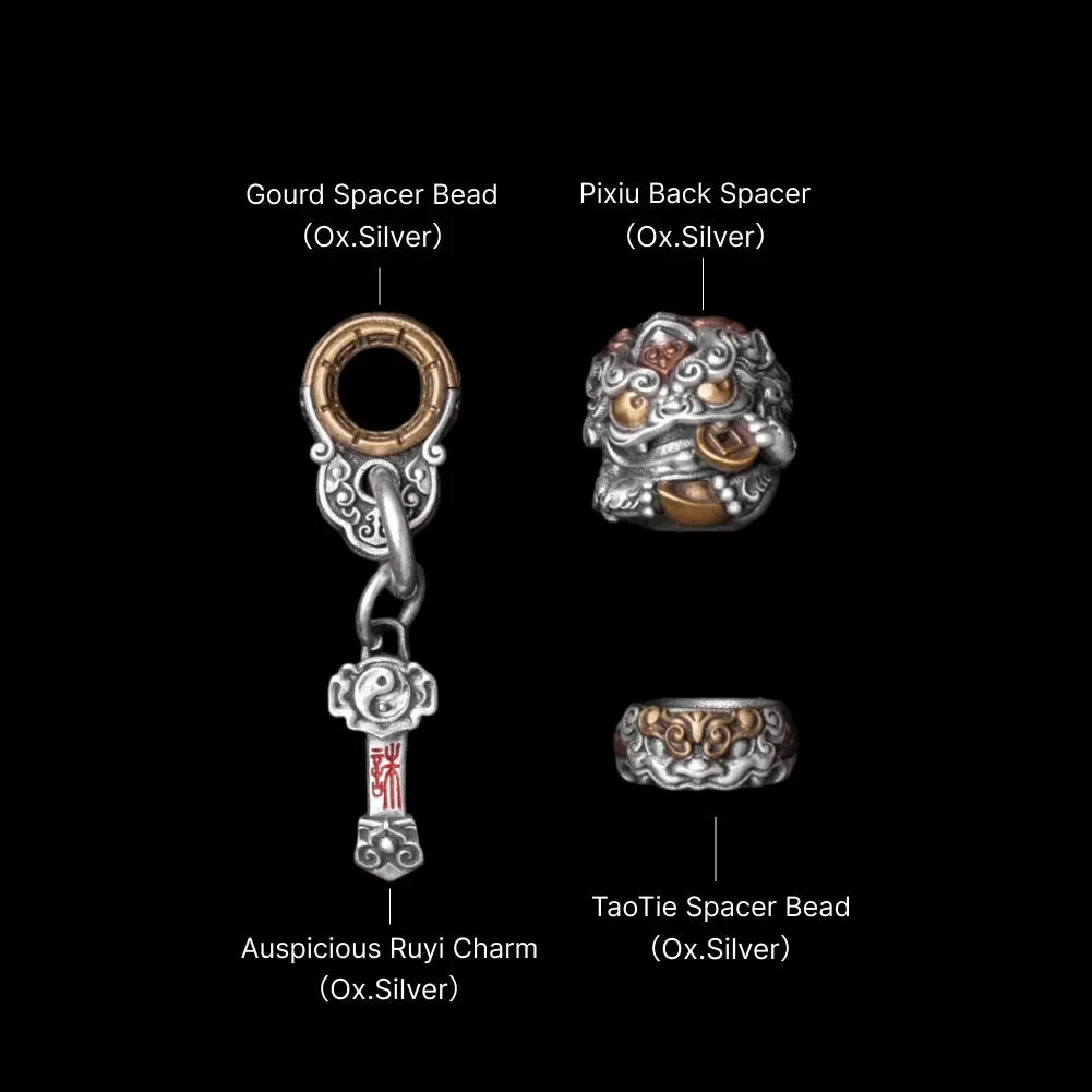 Ruyi Charm Pendant in Oxidized Silver, Cinnabar — With Gourd & Pixiu Bead Set