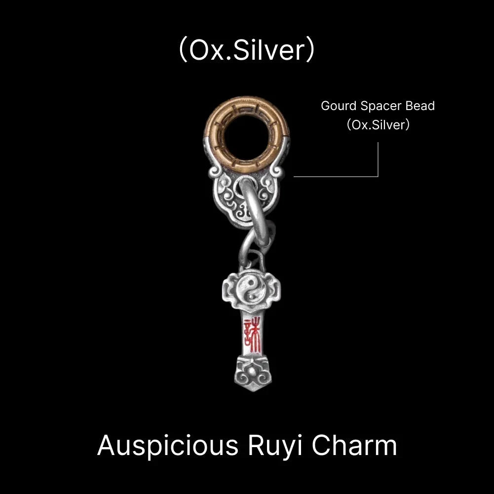 Ruyi Charm Pendant in Oxidized Silver, Cinnabar — With Gourd Spacer & Silver Ring