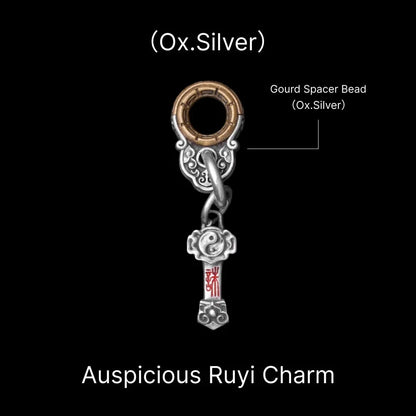 Ruyi Charm Pendant in Oxidized Silver, Cinnabar — With Gourd Spacer & Silver Ring