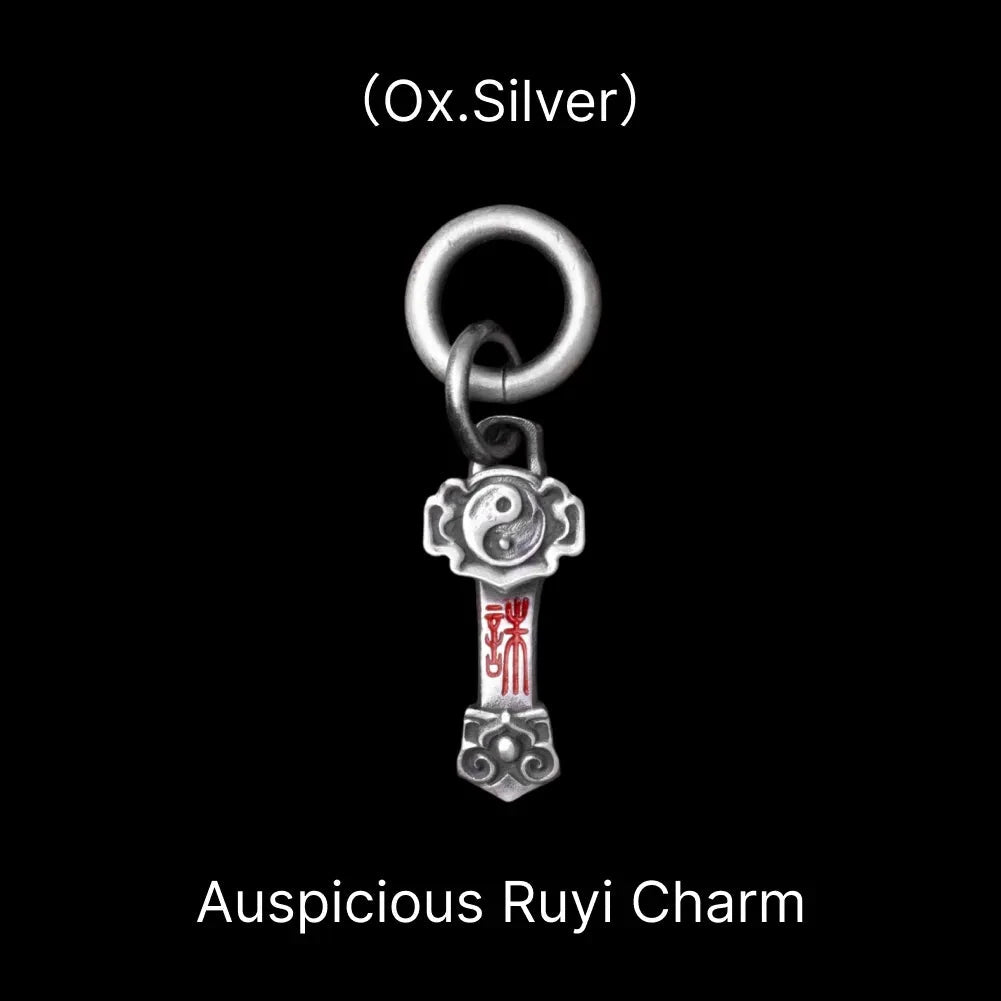 Ruyi Charm Pendant in Oxidized Silver, Cinnabar — With Silver Ring