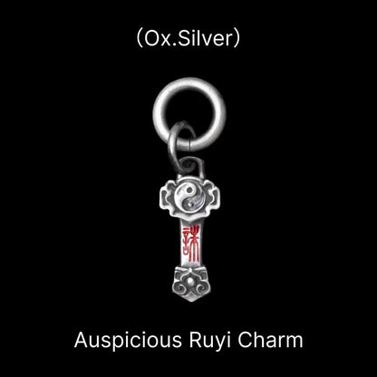 Ruyi Charm Pendant in Oxidized Silver, Cinnabar — With Silver Ring